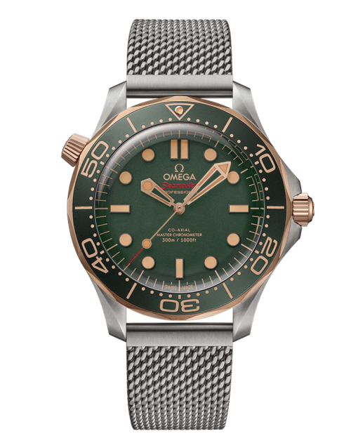 Produktbilde av Omega Seamaster Diver 300M 42MM med grønn urskive på stållenke. Ref. O21090422010001.