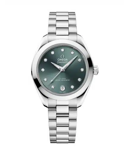 Produktbilde av Omega Seamaster Aqua Terra 150M 30mm med grønn urskive på stållenke. Ref. O22010302060001
