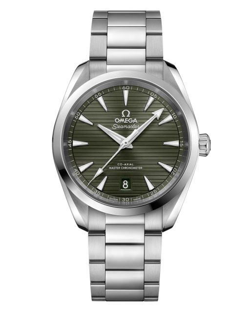 Produktbilde av Omega Seamaster Aqua Terra 150M med grønn urskive på stållenke. Ref. O22010382010003.