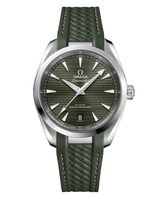 Produktbilde av Omega Seamaster Aqua Terra 150M med grønn urskive og grønn gummirem. Ref. O22012382010001.