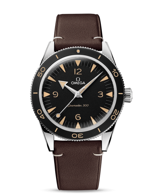 Produktbilde av Omega Seamaster 300 Co-Axial Master Chronometer 41mm. Kasse i stål med brun skinnreim. Sort skive. Ref. 234.32.41.21.01.001