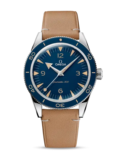 Produktbilde: Omega Seamaster 300 Co-Axial Master Chronometer 41mm. Stålkasse med beige lærrem. Blå skive. Referanse 234.32.41.21.03.001