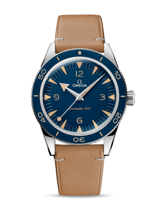 Produktbilde: Omega Seamaster 300 Co-Axial Master Chronometer 41mm. Stålkasse med beige lærrem. Blå skive. Referanse 234.32.41.21.03.001