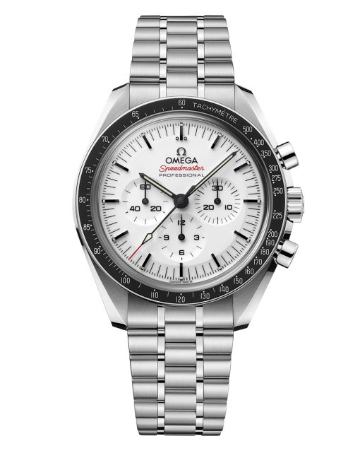 Produktbilde av Omega Speedmaster Moonwatch Professional med hvit urskive og stållenke. Ref. O31030425004001.