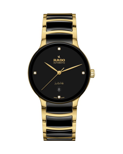 Produktbilde av Rado Centrix Diamonds 39.5MM med sort urskive på stål og keramikk lenke. Ref. R30008712.