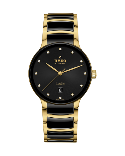 Produktbilde av Rado Centrix Diamonds 39.5MM med sort urskive på stål og keramikk lenke. Ref. R30008742.