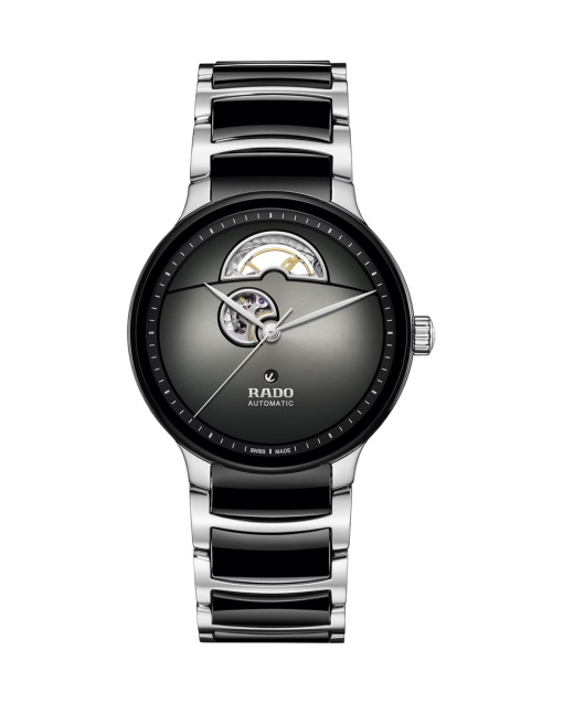 Produktbilde av Rado Centrix Automatic Open Heart 39.5MM med sort urskive på stål og keramikk lenke. Ref. R30012152.