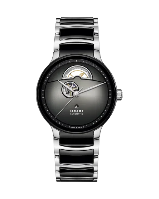Produktbilde av Rado Centrix Automatic Open Heart 39.5MM med sort urskive på stål og keramikk lenke. Ref. R30012152.
