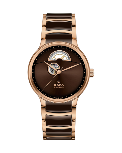 Produktbilde av Rado Centrix Automatic Open Heart 39.5MM med brun urskive på stål og keramikk lenke. Ref. R30013302.