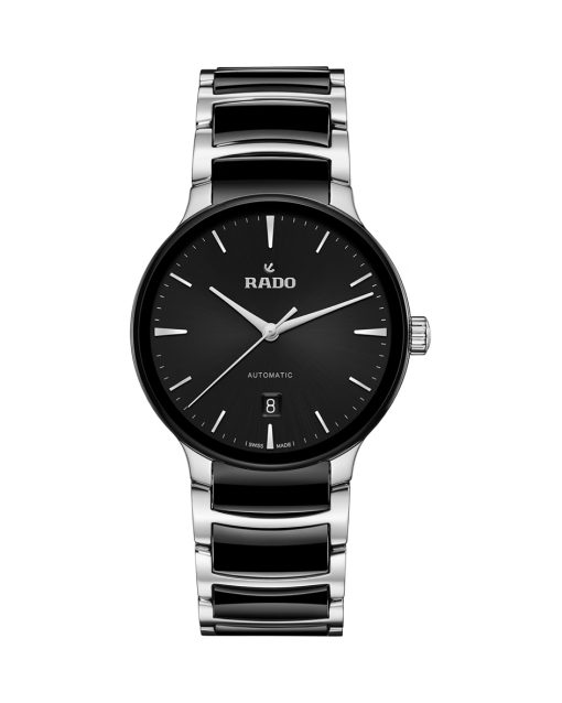 Produktbilde av Rado Centrix Automatic med sort urskive på stål og keramikk lenke. Ref. R30018152.