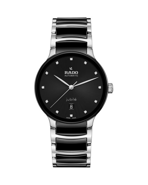 Produktbilde av Rado Centrix Automatic Diamonds med sort urskive på stål og keramikk lenke. Ref. R30018742.