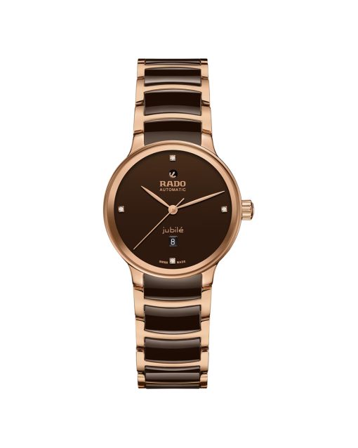 Produktbilde av Rado Centrix Automatic Diamonds med brun urskive på stål og keramikk lenke. Ref. R30019712.