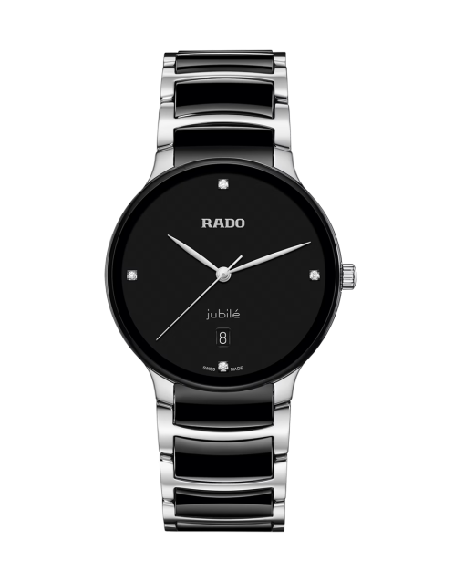 Produktbilde av Rado Centrix Diamonds 39.5MM med sort urskive på stål og keramikk lenke. Ref. R30021712.