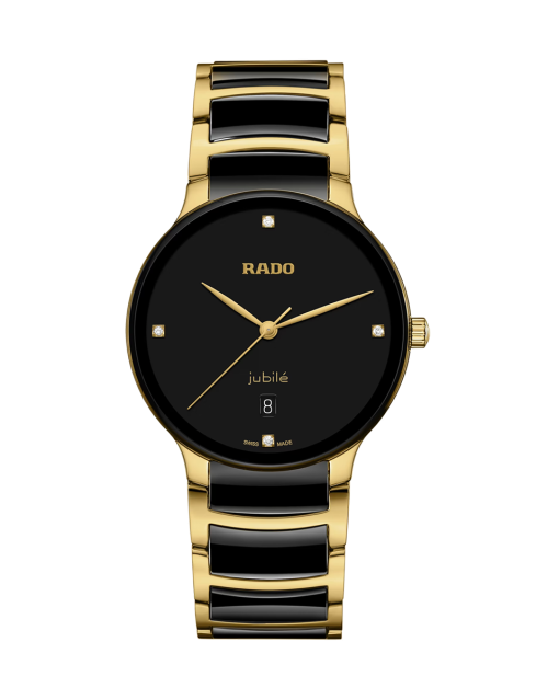 Produktbilde av Rado Centrix Diamonds 39.5MM med sort urskive på stål og keramikk lenke. Ref. R30022712.