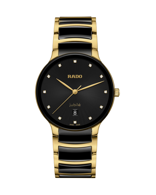 Produktbilde av Rado Centrix Diamonds 39.5MM med sort urskive på stål og keramikk lenke. Ref. R30022742.