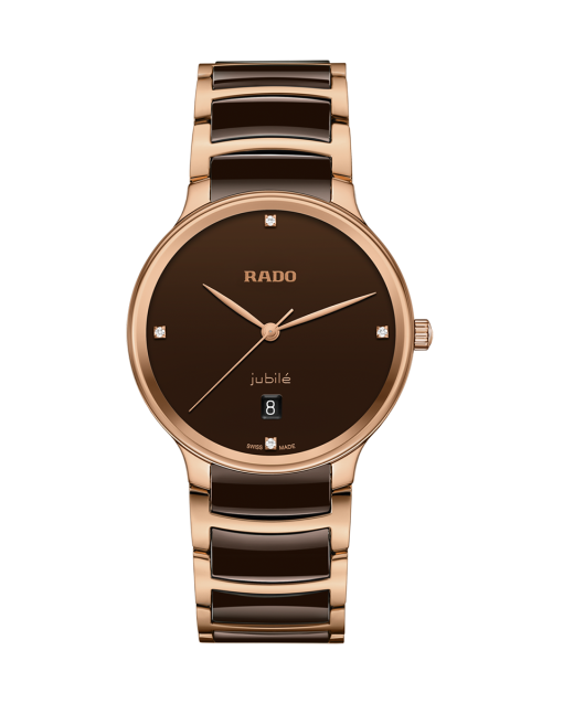 Produktbilde av Rado Centrix Diamonds 39.5MM med brun urskive på stål og keramikk lenke. Ref. R30023712.