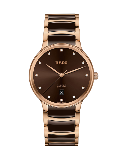 Produktbilde av Rado Centrix Diamonds 39.5MM med brun urskive på stål og keramikk lenke. Ref. R30023732.