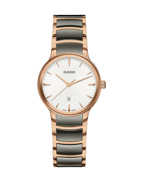 Produktbilde av Rado Centrix 30.5MM med hvit urskive på stål og keramikk lenke. Ref. R30024012.