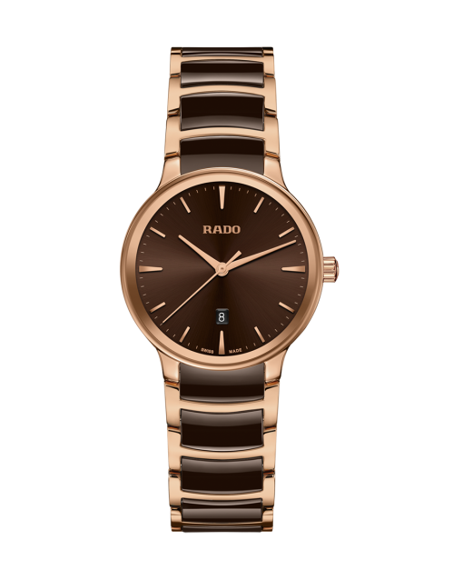 Produktbilde av Rado Centrix 30.5MM med brun urskive på stål og keramikk lenke. Ref. R30024302.