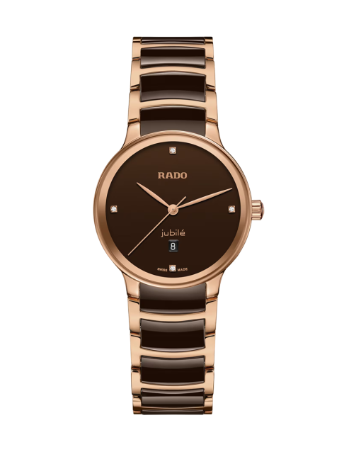 Produktbilde av Rado Centrix Diamonds 30.5MM med brun tallskive på stål og keramikk lenke. Ref. R30024712.