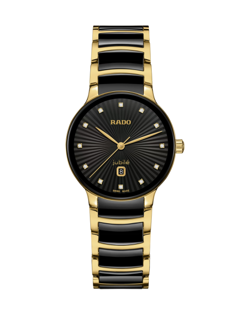 Produktbilde av Rado Centrix Diamonds 30.5MM med sort urskive på stål og keramikk lenke. Ref. R30025742.