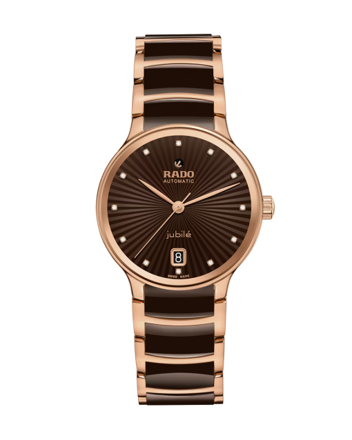 Produktbilde av Rado Centrix Automatic Diamonds 35MM med brun urskive og stål og keramikk lenke. Ref. R30037732.