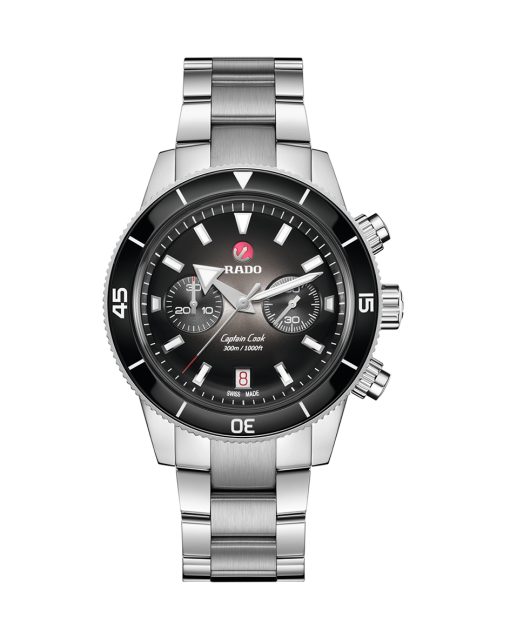 Produktbilde av Rado Captain Cook Automatic Chronograph med sorte urskive på stållenke. Ref. R32145158,