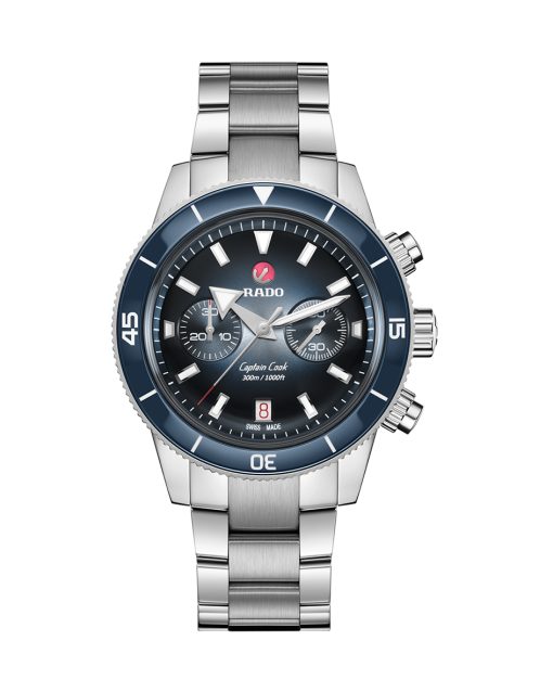 Produktbilde av Rado Captain Cook Automatic Chronograph med blå urskive på stållenke. Ref. R32145208.