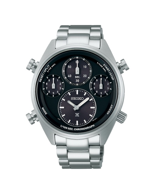 Produktbilde av Seiko Prospex Speedtimer 1/100 Sec Solar Chronograph med sort urskive på stållenke. Ref. SFJ003P1.