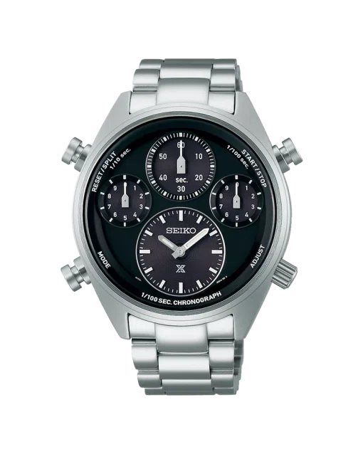 Produktbilde av Seiko Prospex Speedtimer 1/100 Sec Solar Chronograph med sort urskive på stållenke. Ref. SFJ003P1.