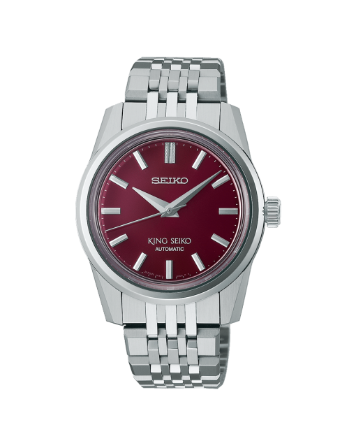 Soldatbilde av King Seiko 37mm med burgunderfarget tallskive. Referanse SPB287J1