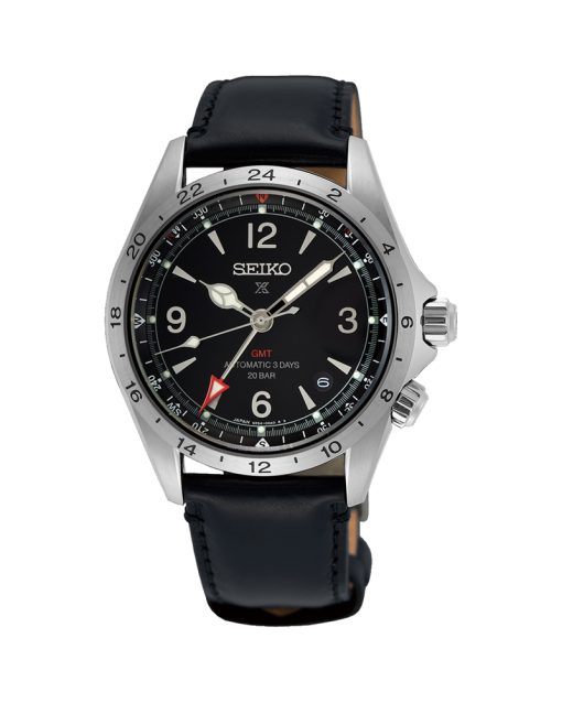 Seiko Prospex Aplinist GMT 39MM med sort tallskive og sort skinnreim. Referanse: SPB379J1