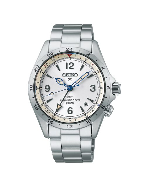 Seiko Prospex Alpinist GMT 39MM Limited Edition med hvit tallskive og stål lenke. Referanse SPB409J1.