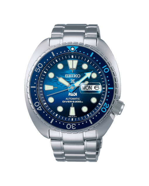 Produktbilde av Seiko Prospex «Great Blue» Turtle Scuba PADI med blå urskive og stållenke. Ref. srpk01k1.