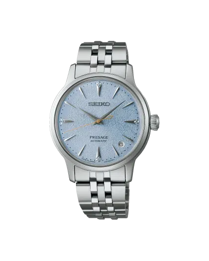 Produktbilde av Seiko Presage Coctail Time ‘Frozen Skydiving’ 34mm med blå urskive på stållenke. Ref. SRPL61J1.