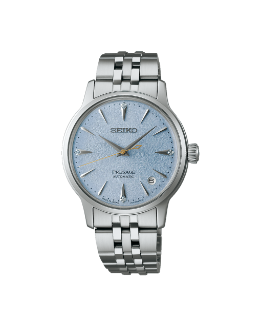 Produktbilde av Seiko Presage Coctail Time ‘Frozen Skydiving’ 34mm med blå urskive på stållenke. Ref. SRPL61J1.