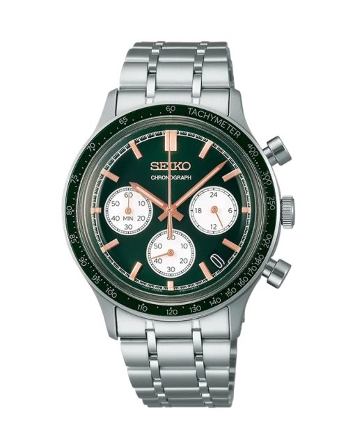 Produktbilde av Seiko Conceptual Chronograph 39mm med grønn urskive på stållenke. Ref. SSB481P1.