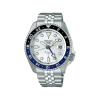 Produktbilde av Seiko 5 Sports SKX GMT med hvit urskive på stållenke. Ref. SSK033K1.