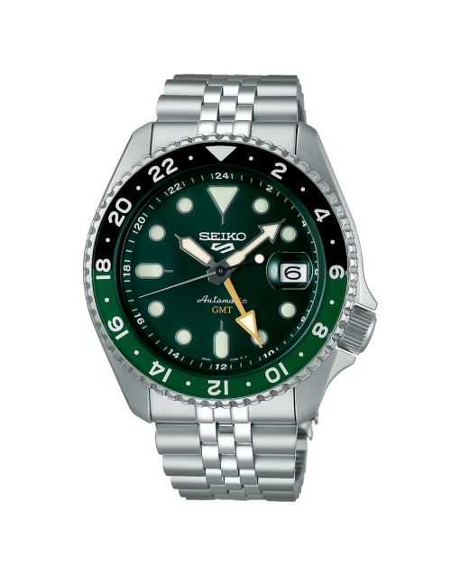 Produktbilde av Seiko 5 Sports SKX GMT Bi-Colour med grønn urskive på stållenke. Ref. SSK035K1.