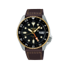 Produktbilde av Seiko 5 Sports SKX GMT med sort urskive på skinnrem. Ref. SSK036K1.