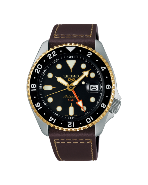 Produktbilde av Seiko 5 Sports SKX GMT med sort urskive på skinnrem. Ref. SSK036K1.