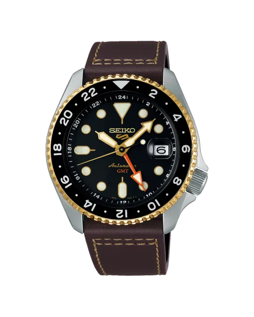 Produktbilde av Seiko 5 Sports SKX GMT med sort urskive på skinnrem. Ref. SSK036K1.