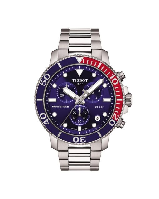 Produktbilde av Tissot Seastar 1000 Quartz Chronograph med blå urskive og lenke. Ref. T120.417.11.041.03.
