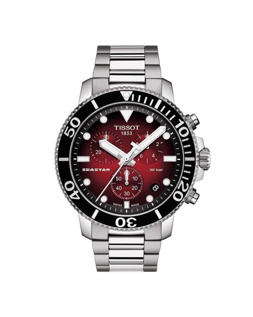 Produktbilde av Tissot Seastar 1000 Quartz Chronograph med rød urskive og lenke. Ref. T120.417.11.421.00.