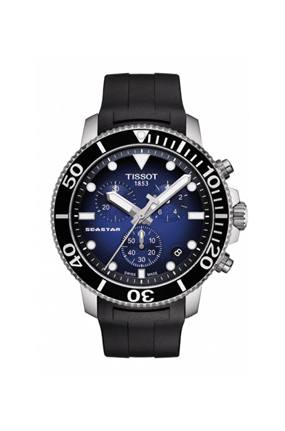 Produktbilde av Tissot Seastar 1000 Chronograph med blå urskive og sort gummirem. Ref. T120.417.17.041.00.