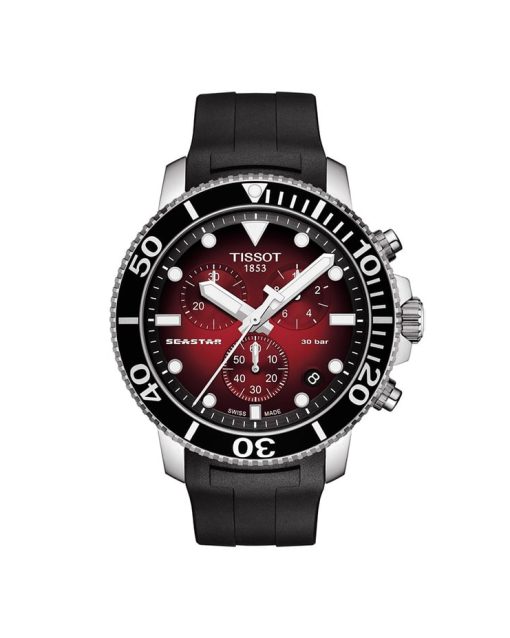 Produktbilde av Tissot Seastar 1000 Chronograph 45.5mm Ref. T120.417.17.421.00 med rød urskive og sort gummirem. Ref. T120.417.17.421.00.