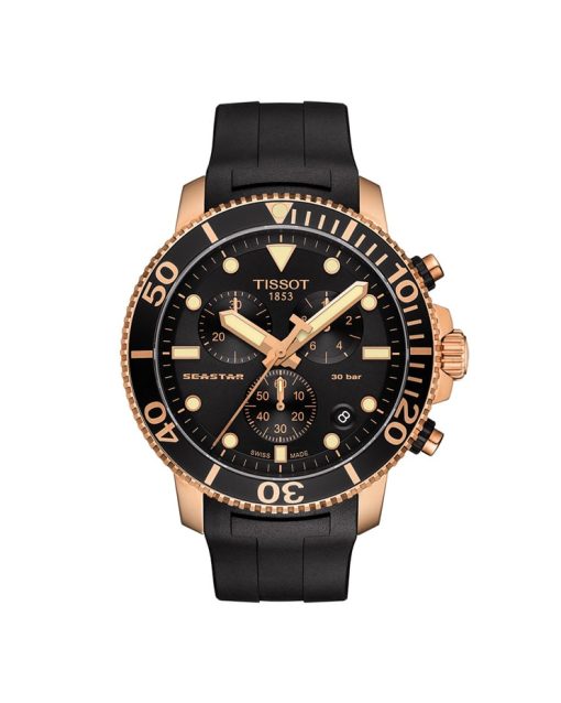 Produktbilde av Tissot Seastar 1000 Chronograph med sort urskive og sort gummirem. Ref. T120.417.37.051.00.