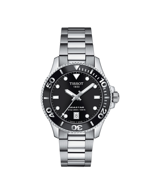 Produktbilde av Tissot Seastar 1000 36mm med sort urskive og stållenke. Ref. T120.210.11.051.00.