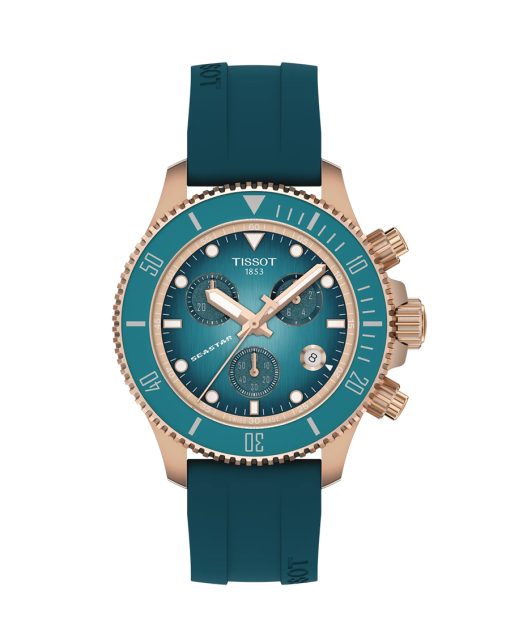 Tissot Seastar 1000 Quartz Chronograph 38mm - T120.217.37.041.00. Turkis tallskive. kasse i roségullfarget stål. Turkis gummirem.