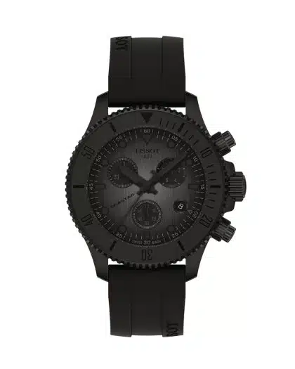 Tissot Seastar 1000 Quartz Chronograph 38mm Ref. T120.217.37.061.00. Helsort kasse i stål med sort tallskive. Sort gummirem.